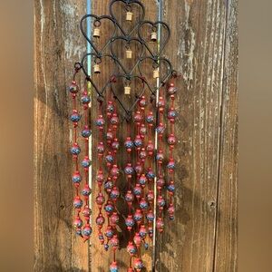 Diamond Shaped Heart Wind Chimes Hand Painted Burgundy Red Blue Porcelain Beads